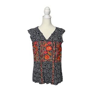 Savanna Jane Embroidered Boho Top Black White Geometric Floral Peasant Blouse